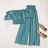 2021 New Summer Women Casual Solid Color Off Shoulder Short Tops+Elastic Waist Wide Leg Long Pants Sexy Two Piece