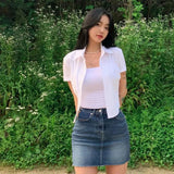 White Basic Shirts Women Preppy Style Short Sleeve Slim Blouses Student Korean Office Lady Sexy Crop Tops Work