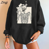 Tea Skull Skeleton Funny Women Sweatshirts Pullovers Long Sleeve Y2K Sweatshirts Tops Clothes Winter Moletom