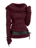 Cowl Front Lace Up Belted Sweater Spring Tops Tee For Women Solid Black Green Light Gray