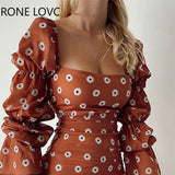 Women Chic All Over Print with Little Daisy Pattern Lantern Sleeves Ruffles Hem Square Collar Mini Sweet Bodycon