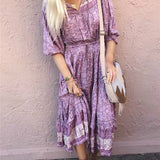 Queens Women Long Sleeve Lace Patchwork Floral Print Beach Bohemian Midi Dress Ladies Tassel Loose Rayon Boho