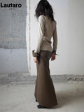 Spring Autumn Color Block Brown Pu Leather Maxi Skirt Women with Back Slit High Waist Long Luxury Designer Clothes