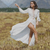 Sexy Hollow Out White Summer Dress Beach Tunic Women Beachwear Long Sleeve Front Open Self Belted Maxi Dresses
