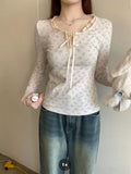 Ruffled Lace Trim Front Tie Long Sleeve TeeOutfit