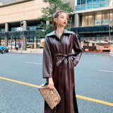 PU Leather Long Jacket 2021 New Spring Women Loose Belt Faux Leather Windbreaker Trench Coat Slim Spring
