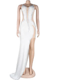 Sexy Blue Mesh Crystal Patchwork Asymmetrical Maxi Dress Women Strap See Through Bodycon Clubwear Long