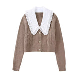 Fashion Woman Sweaters Embroidered Cropped Knitted Sweater Vintage Cute Peter Pan Collar Female Pullovers Chic