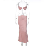 Sexy Hollow Out Two Piece Set For Women Dress Set Outfits Summer Lace Up Crop Top And Long Skirt Matching Sets