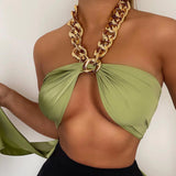 Chic Fashion Metal Chain Satin Halter Crop Tops For Women Sleeveless Backless Wrap Chest Cropped Top Basic