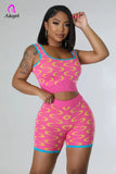 Printed Women Knitted 2 Piece Set Sleeveless Tank Top Skinny Biker Shorts Matching Short Jogger Set Fitness