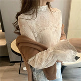 Spring New Lace Bottoms Shirts Sexy Women Long Sleeve Hollow Out Korean Clothes Fashion Thin Mesh Tops Elegant Female