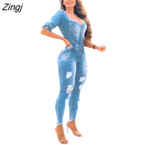 Women Buttons Sexy Denim Jumpsuit Hole Long Rompers Pocket Bodycon Summer Jeans Overalls Casual Fashion Party Club