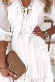 Beach Dress Women Solid Mini Dress Female V Neck Lace-up Loose Casual Dress Ladies Patchwork Half Sleeve Ruffles