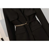Women Clothing Autumn Winter Office Ladies Elegant Solid Jacket Women Long Sleeve High Waist Metal Belt Blazer