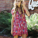 Queens Women Red Floral Peacock Print V-neck Casual Bohemian Mini Dress Ladies Short Sleeve Boho Dresses