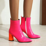 Red Black Women Boots Fashion Pantet Leather Sqaure High Heel Ankle Boots Pointed Zipper Candy colors Ladies