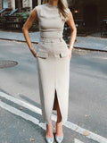 Neck Sleeveless Split Maxi Dresses Women Solid Color Fake Pocket Slim Fit Robes 2024 New Elegant Office Lady