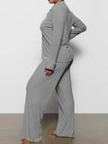 Long Sleeve Button Down Ribbed Knit Pajamas Set- Outfit