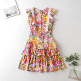 Queens Women Floral Print O-neck Beach Bohemian Sundress Button Cotton Mini Dress