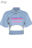 Printed T Shirt Women 2023 Summer Casual Vintage Fashion Y2k Polo-Neck Crop Top Female Streetwear Short Sleeve Slim