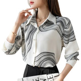 Women's Shirt Spring Clothing for Women Ink Painting Pattern Polo Neck Tops Basic Button Up Long Sleeve Shirts for