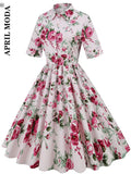 Arrivals Women Vintage 1950s Retro Rockabilly Prom Dresses Short Sleeve Button Front A Line Shirt Elegant Tunic Midi