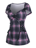 Plaid Sweetheart Tee Women T Shirt Cap Sleeve Tee Rivet Embellished Plaid Lace Up T Shirt For Student Summer Spring