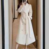 Notched Collar With Sashes Woolen Coat Women Solid Double Breasted Mid-length Overcoat Ladies High Street Wool
