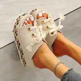 Women Summer Shoes 2022 Summer Lace Up Height Increase Wedge Slippers Women Plus Size Closed Toe Straw Platform Sandals