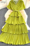 Beach Long Dress Women Elegant V-Neck Short Sleeve Cascading Ruffles Big Swing Vestidos Female Red/Green/Pink Maxi