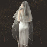 2T Wedding Veil Short Tulle Ribbon Edge Bridal Veils Two Layer Ivory White Bride