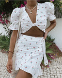 Queens Summer Women Two Piece Outfits Cross V-neck Tops Bohemian Mini Skirts 2 Pcs Rayon Cotton Boho