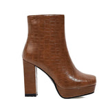 Platform Women Boots Faux Leather Square High Heel Ankle Boots Zipper Boots Autumn Winter Ladies Shoes Black