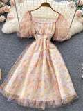 Square Collar Mesh Chiffon Mini Dress Women Floral Short Puff Sleeve High Waist A-Line Vestidos Female Beach New