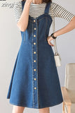 Large Size S-5XL Women Denim Dress Summer High Waist Single Breasted Blue Jeans Suspenders Midi Dress Casual Cotton