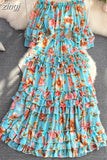 Vintage Floral Ruffle Chiffon Long Dress Women Sexy Slash Neck Off Shoulder Flare Sleeve High Waist A-Line Beach