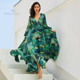 Leaf Printing Deep V-Neck Dress 2022 Spring/Autumn Women Beachwear Plus Size Half Sleeve Side Split Long Dresses