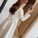 Notched Collar With Sashes Woolen Coat Women Solid Double Breasted Mid-length Overcoat Ladies High Street Wool