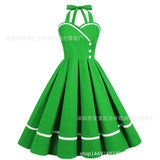 Women Summer Elegant Halter Sexy Party Pleated Dress Pinup Casual Solid Vintage Swing 50s 60s Retro Rockabilly Dresses