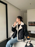 Wool Coat Women Thick Warm Long Sleeve Zipper Pocket Jacket Women Fashion Leather Motorcycle Jacket