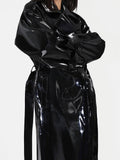 Spring Autumn Long Shiny Reflective Patent Leather Trench Coat for Women Sashes Luxury Designer Runway European