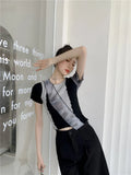 Tie Dye Patchwork Tops Women 2021 Crewneck Tshirt Asymmetrical Crop Top Summer T Shirt Short Sleeve Tees Black