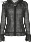 White Folds Cute Y2K Shirts Women Elegant Fashion Flared Sleeve Button Tops See Through Sexy Mesh Girl Tees Korean