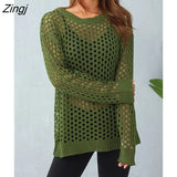 Women Round Neck Long Sleeve Solid Color Casual Sweater Hollow-out Loose Knitwear Jumper Tops