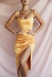 Satin Spaghetti Strap High Split Midi Dress For Women Gown Summer New Sleeveless Backless Bodycon Club Party