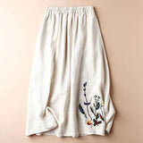 Vintage Cotton Linen Skirt Women Summer High Waist Embroidery Print A Line Midi Skirts Fashion Solid Loose Casual