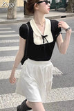 Bow Elegant Contrast Color Ice Silk Knitted Tshirts Korean Short Sleeve Tees Women Y2K Square Collar Camisetas Tops