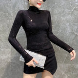 Shinny Sequin T Shirt Women Sexy Turtleneck Long Sleeve Slim Skinny Tops Fashion All Match Basic Elastic Bottoming