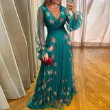 Autumn Mesh Long Sleeve Patchwork Party Dress Elegant Flower Print Waist Pleats Dress Women's Fashion V-neck Bohemian